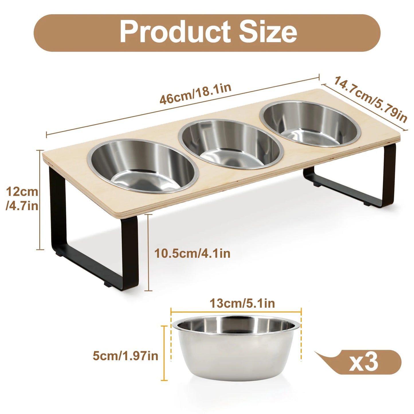Elevated Cat Bowls – 3 Stainless Steel Dishes with 15° Tilt, Anti‑Vomiting Raised Feeder for Cats & Small Pets
