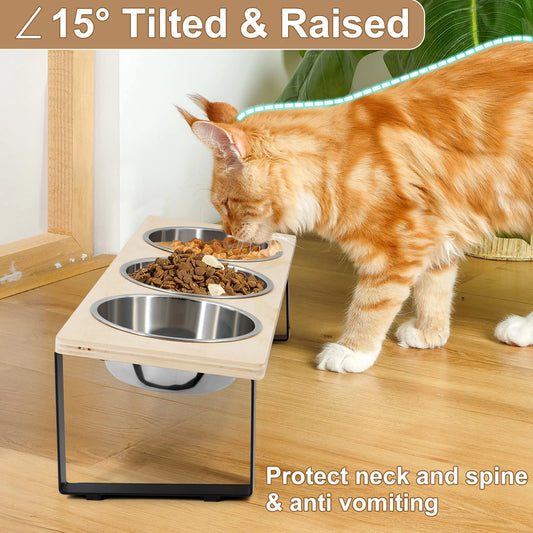 Elevated Cat Bowls – 3 Stainless Steel Dishes with 15° Tilt, Anti‑Vomiting Raised Feeder for Cats & Small Pets