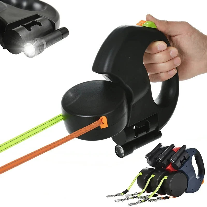 Retractable Dual‑End Dog Leash – 3m Lead with LED Light & Waste Bag Holder, 360° Tangle‑Free