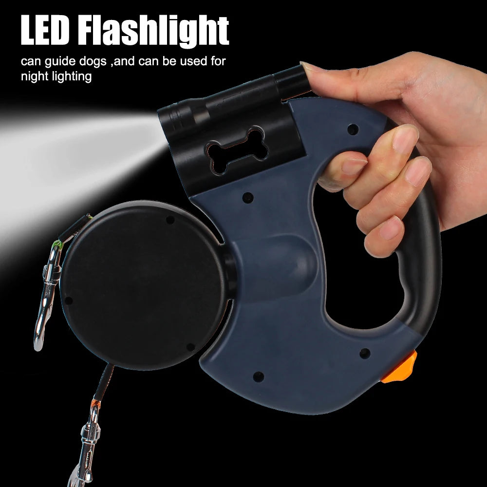 Retractable Dual‑End Dog Leash – 3m Lead with LED Light & Waste Bag Holder, 360° Tangle‑Free