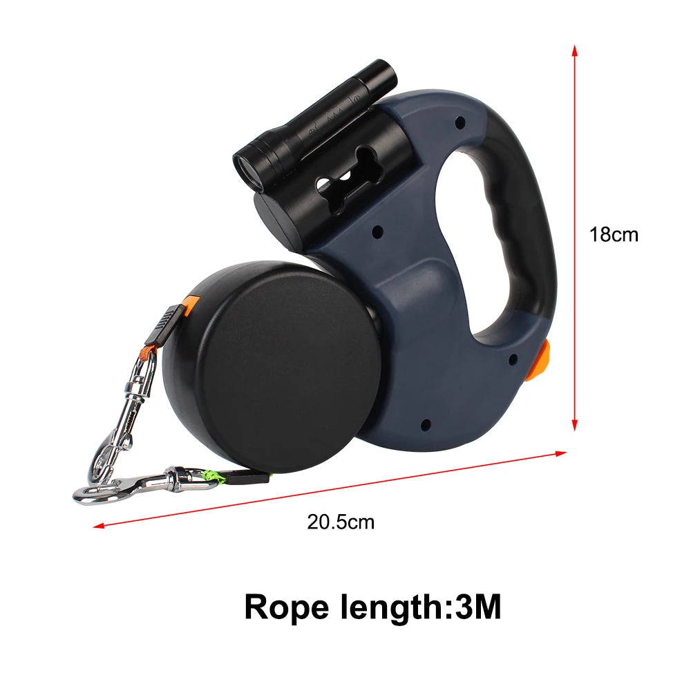 Retractable Dual‑End Dog Leash – 3m Lead with LED Light & Waste Bag Holder, 360° Tangle‑Free