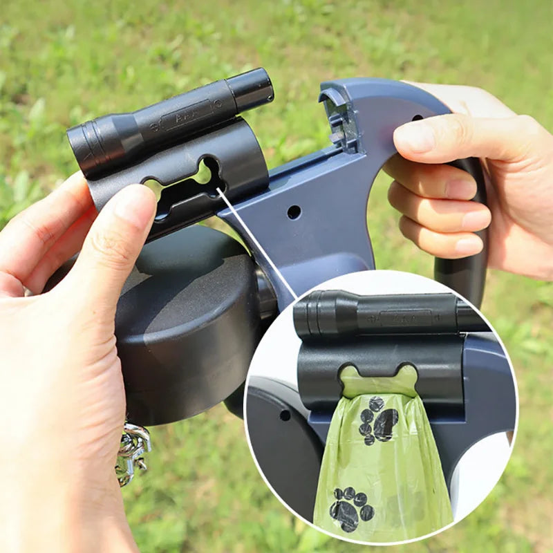 Retractable Dual‑End Dog Leash – 3m Lead with LED Light & Waste Bag Holder, 360° Tangle‑Free