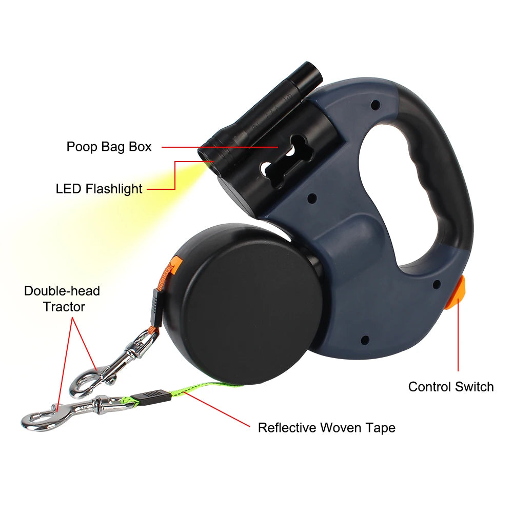 Retractable Dual‑End Dog Leash – 3m Lead with LED Light & Waste Bag Holder, 360° Tangle‑Free