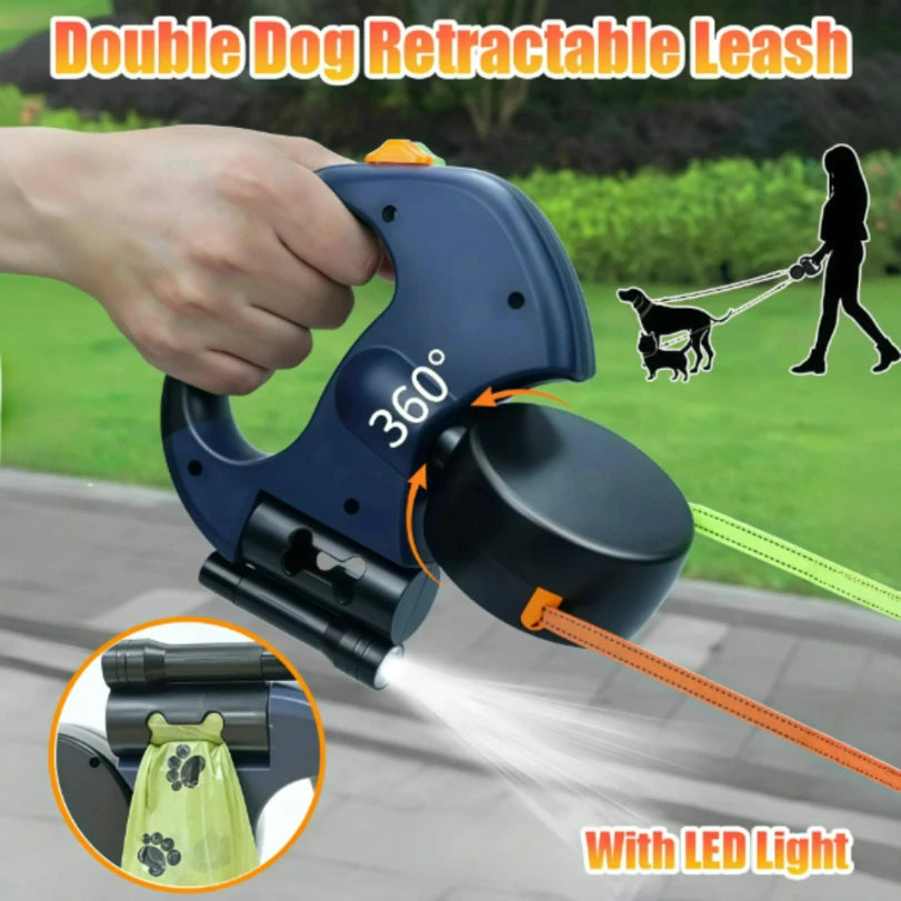 Retractable Dual‑End Dog Leash – 3m Lead with LED Light & Waste Bag Holder, 360° Tangle‑Free