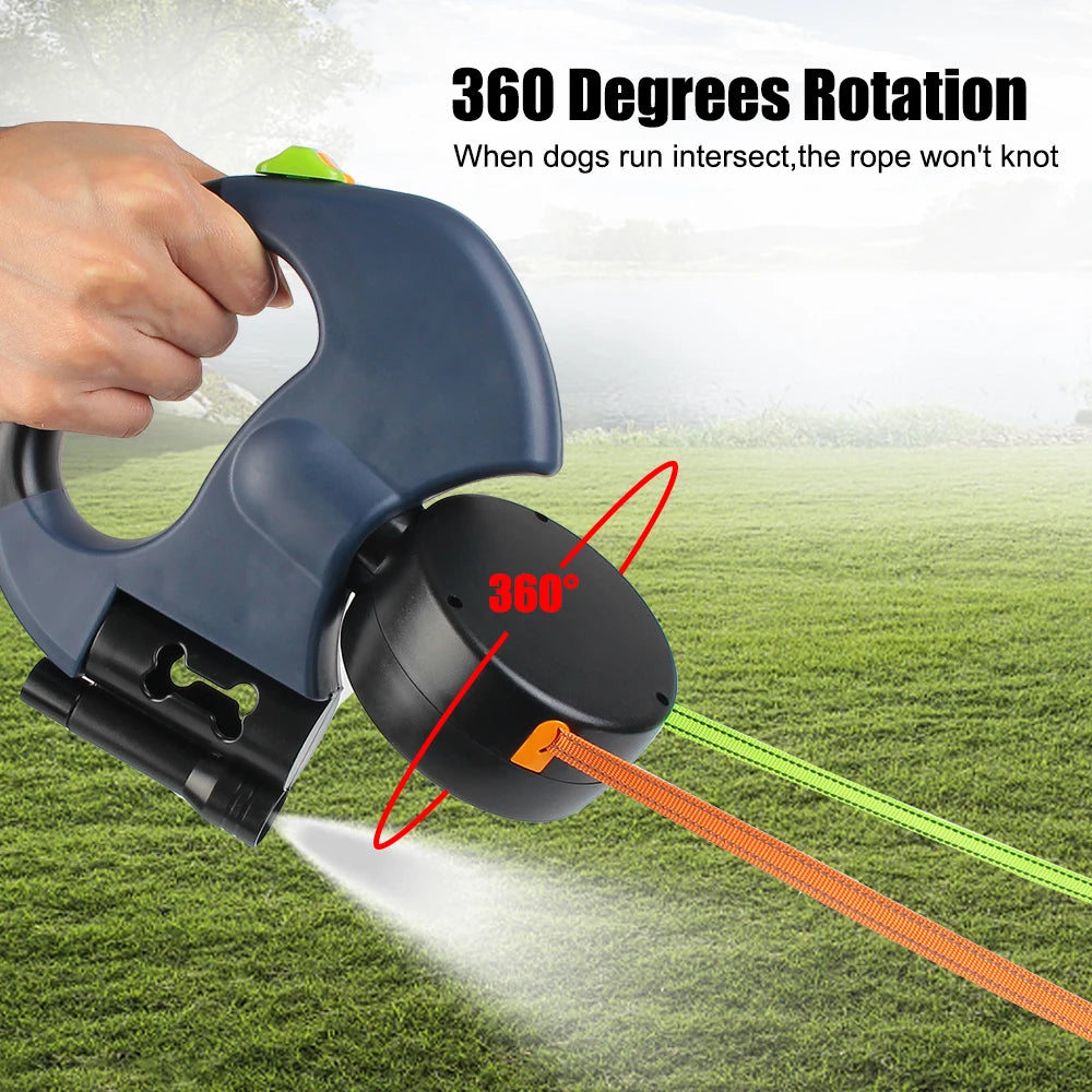 Retractable Dual‑End Dog Leash – 3m Lead with LED Light & Waste Bag Holder, 360° Tangle‑Free